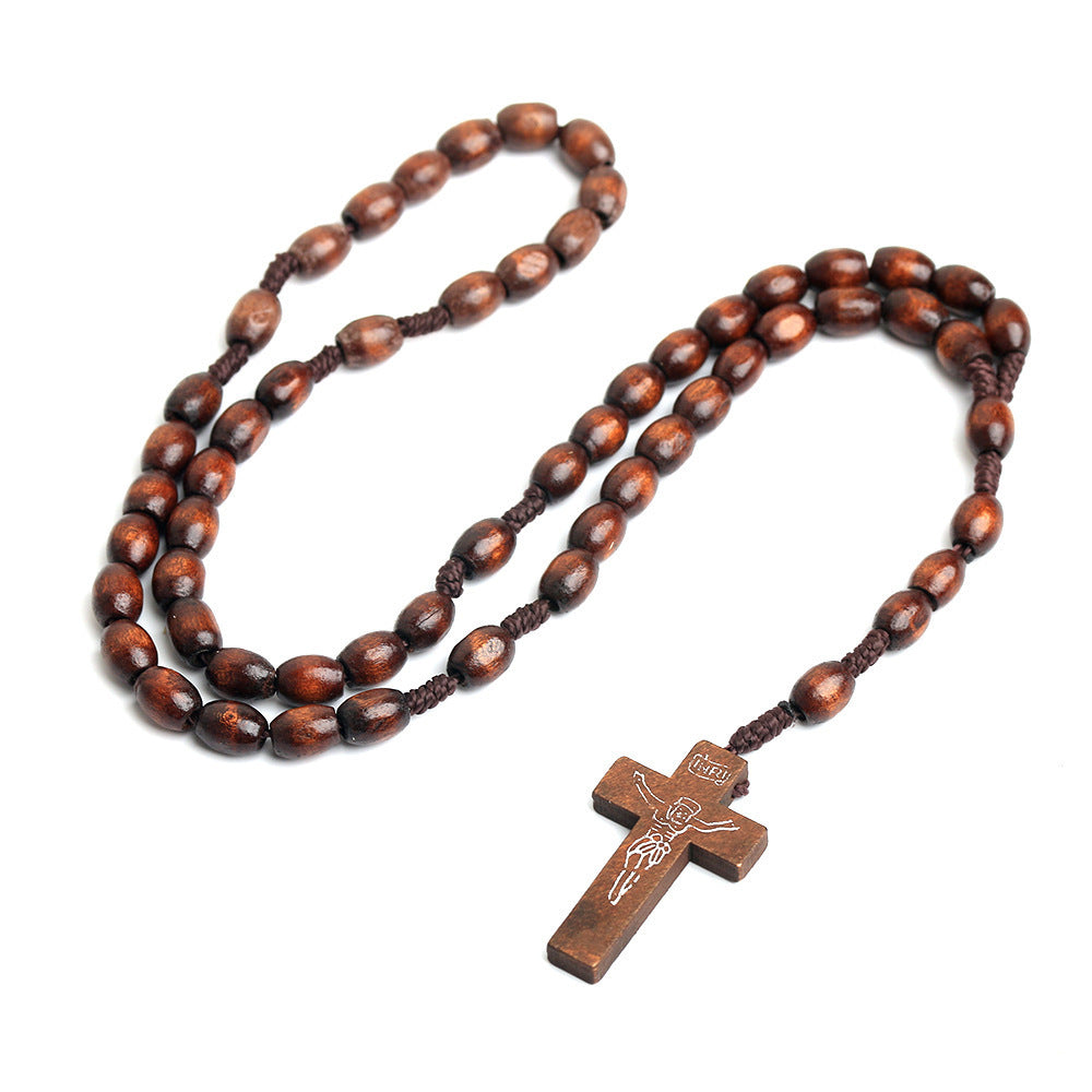 Handmade Natural Wooden Beads Cross Necklace