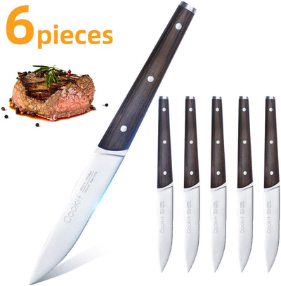 6Pcs Steak Knife Set Serrated Stainless Steel Utility with Wooden Handle for Home Dining Restaurant